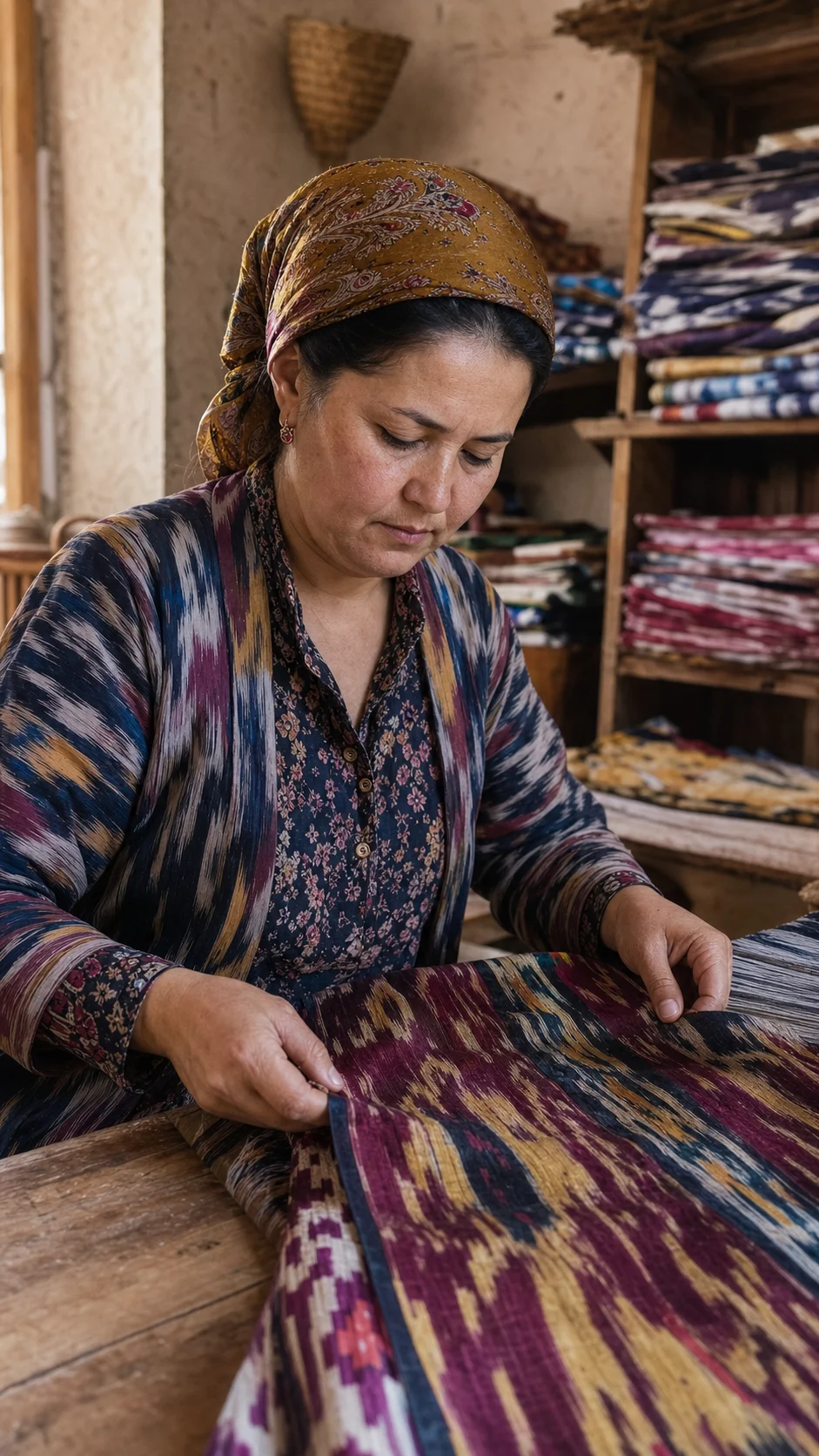 An artisan working with traditional Uzbek ikat textiles