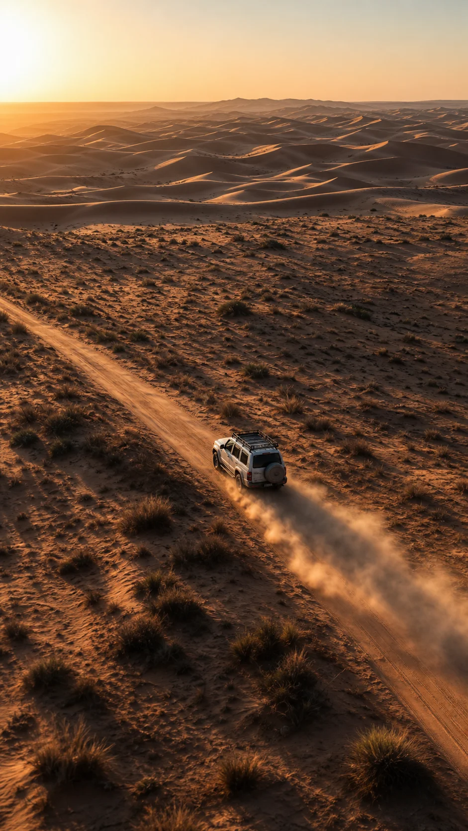 A four-wheel-drive vehicle crossing open desert dunes at sunset