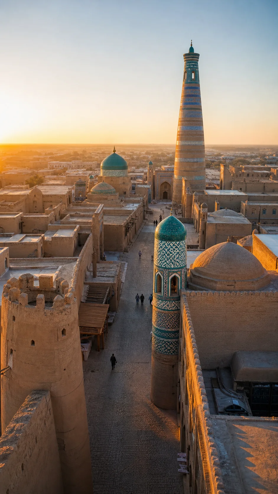 The tiled minarets and earthen walls of Khiva at sunset